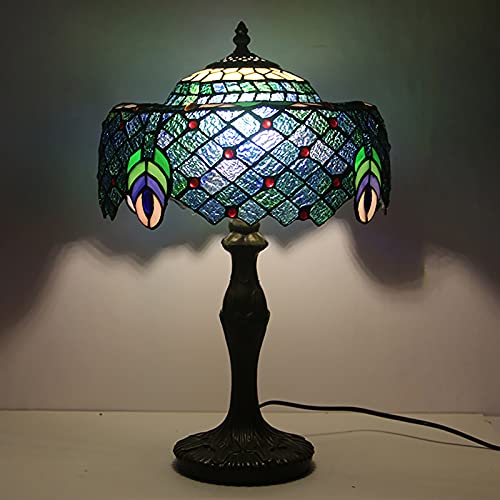 Handmade Stained Glass Table Lamp – Peacock Design, Resin Base, Eye-Care Light for Bedside or Living Room