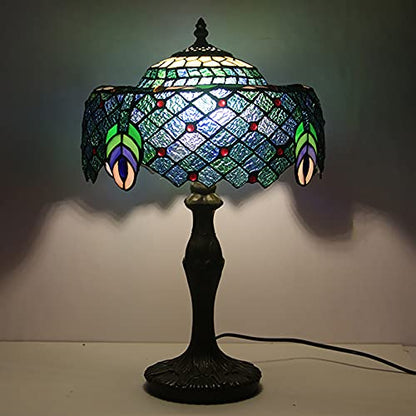 Handmade Stained Glass Table Lamp – Peacock Design, Resin Base, Eye-Care Light for Bedside or Living Room