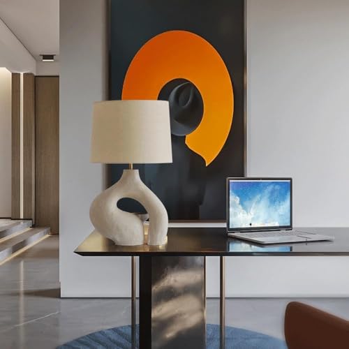 KANBUN Modern Scandinavian Table Lamp – White Resin Base with Fabric Shade, 63cm Height