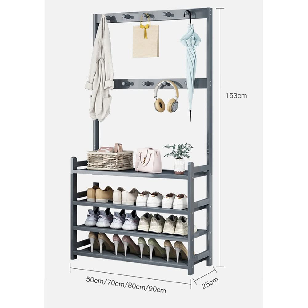 3-in-1 Wooden Coat Rack with Shoe Bench and Storage Shelves – Freestanding Entryway Organizer (Grey)