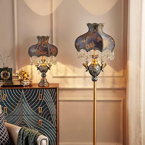 Victorian-Style Table Lamp – Pink Fabric Lampshade with Crystal Bead Trim & Antique Resin Base