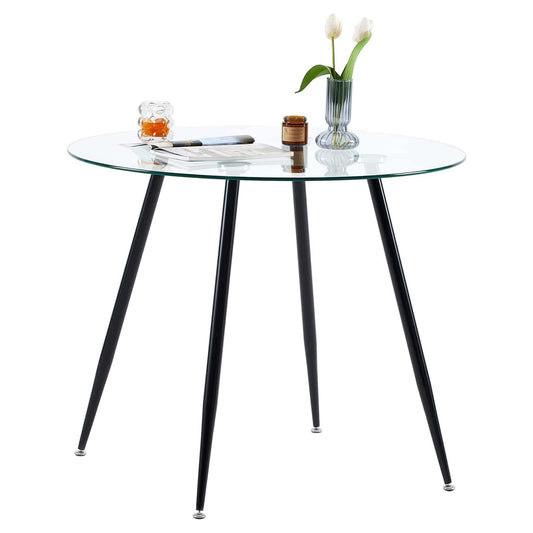 Round 90cm Glass Dining Table with Black Legs – Modern Tempered Glass Kitchen & Living Room Table