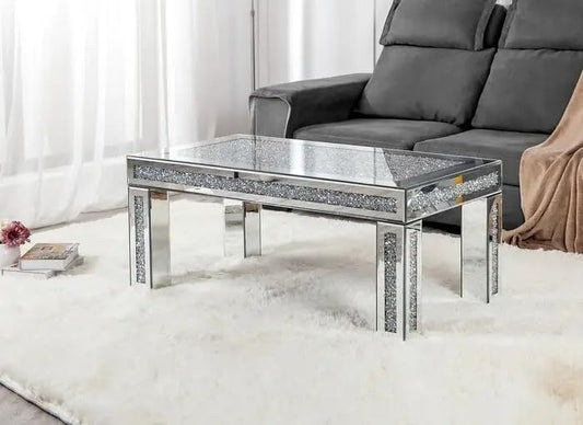 Crystal-Top Mirrored Coffee Table with Silver Finish – Elegant Contemporary Design