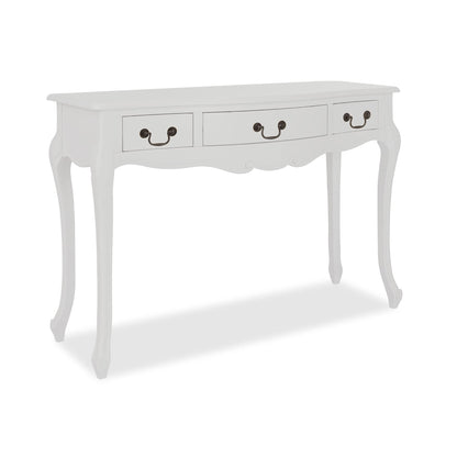 Juliette French-Style Dressing Table with 3 Drawers – White or Champagne Finish | Carved Detailing | Swan or Crystal Handles | 110cm W x 79cm H x 40cm D