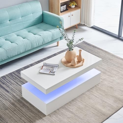 Qroxcey Modern White Coffee Table with RGB LED Lighting and Remote Control – High Gloss MDF Centre Table for Living Room