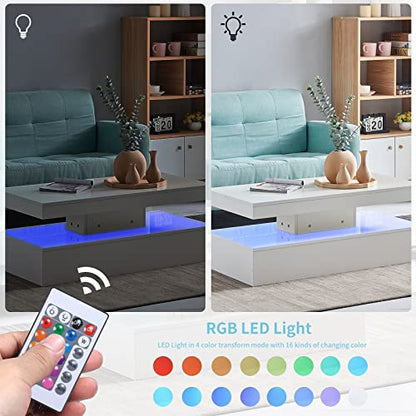 Qroxcey Modern White Coffee Table with RGB LED Lighting and Remote Control – High Gloss MDF Centre Table for Living Room