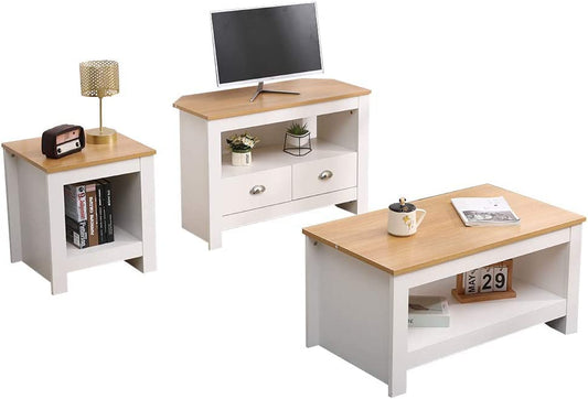 Kingwudo 3-Piece Living Room Furniture Set – Modern Lamp Table, Coffee Table & Corner TV Unit in White and Oak Finish
