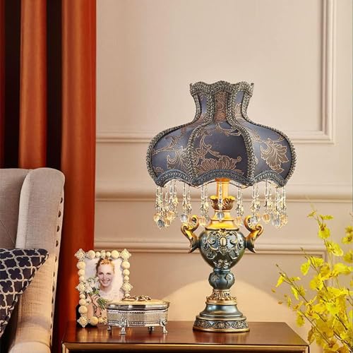 Victorian-Style Table Lamp – Pink Fabric Lampshade with Crystal Bead Trim & Antique Resin Base