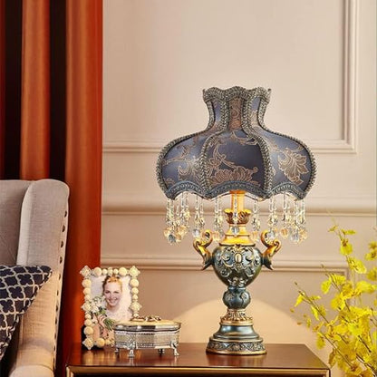 Victorian-Style Table Lamp – Pink Fabric Lampshade with Crystal Bead Trim & Antique Resin Base