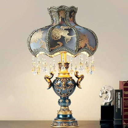 Victorian-Style Table Lamp – Pink Fabric Lampshade with Crystal Bead Trim & Antique Resin Base