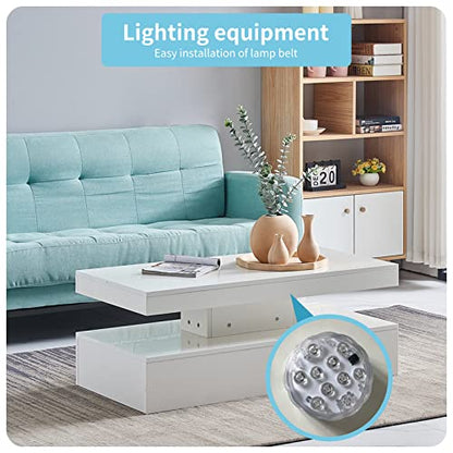 Qroxcey Modern White Coffee Table with RGB LED Lighting and Remote Control – High Gloss MDF Centre Table for Living Room