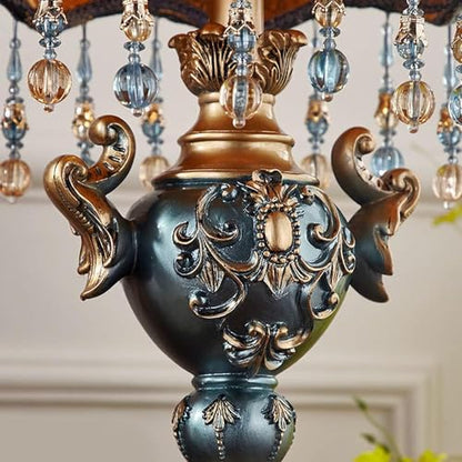 Victorian-Style Table Lamp – Pink Fabric Lampshade with Crystal Bead Trim & Antique Resin Base