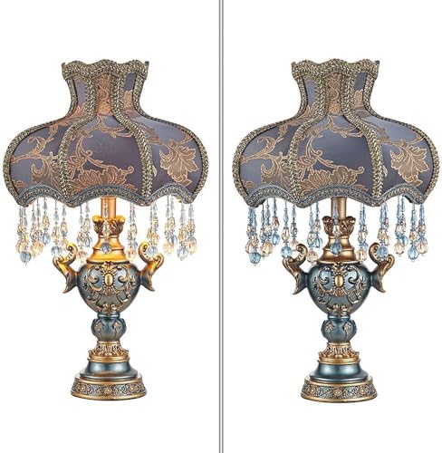 Victorian-Style Table Lamp – Pink Fabric Lampshade with Crystal Bead Trim & Antique Resin Base
