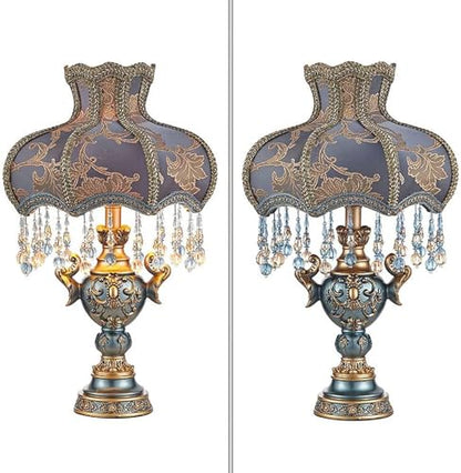 Victorian-Style Table Lamp – Pink Fabric Lampshade with Crystal Bead Trim & Antique Resin Base
