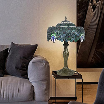 Handmade Stained Glass Table Lamp – Peacock Design, Resin Base, Eye-Care Light for Bedside or Living Room