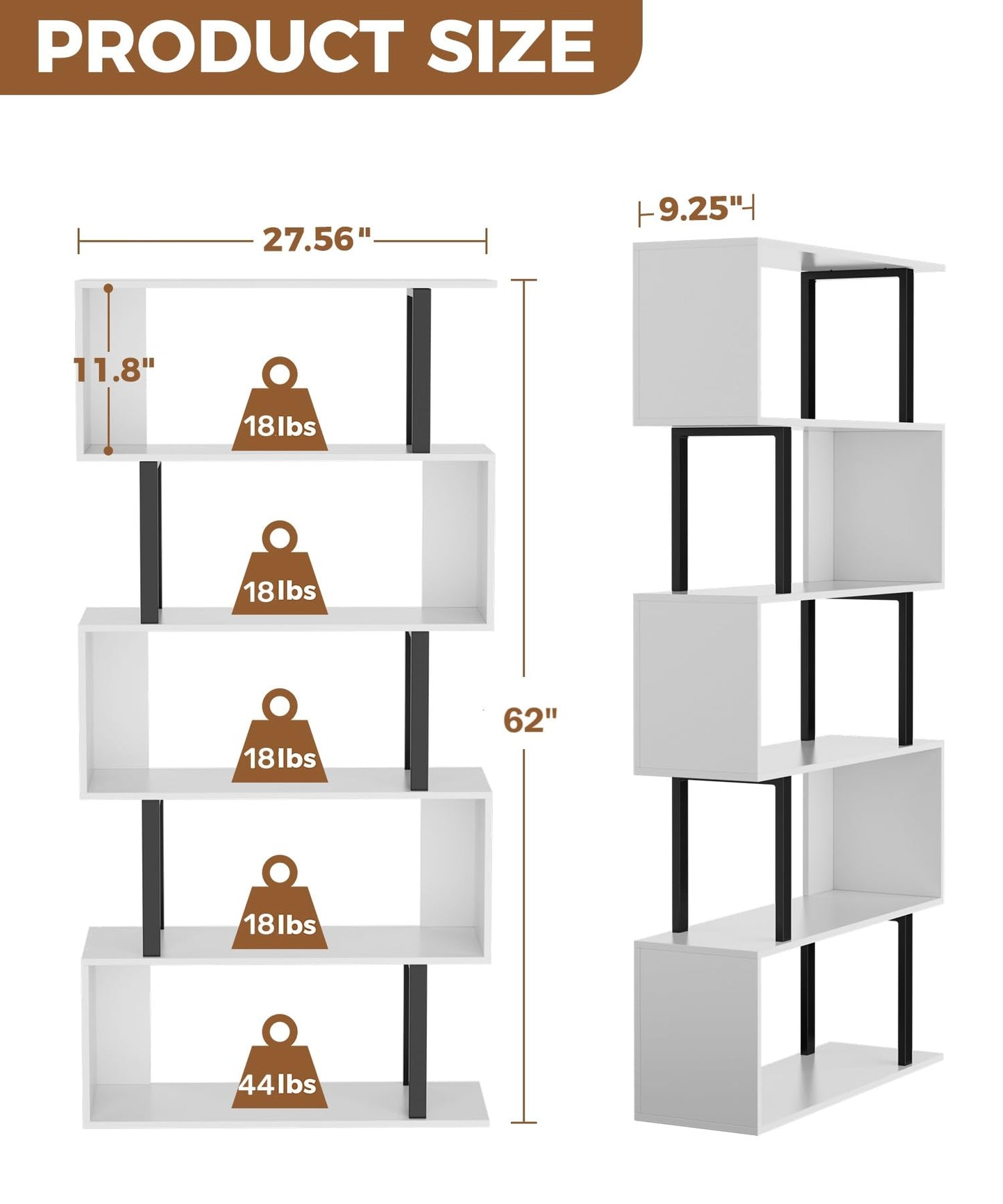 Gadroad 5-Tier S-Shaped Bookshelf – Modern Freestanding Storage & Display Unit, White Wood Bookcase for Living Room or Bedroom