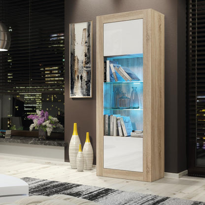 Modern Oak and White Gloss Sideboard with LED Lighting – 170cm Display Cabinet with Glass Shelves