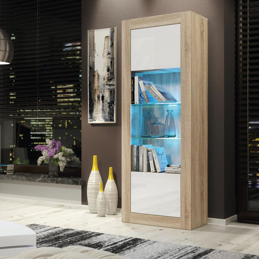 Modern Oak and White Gloss Sideboard with LED Lighting – 170cm Display Cabinet with Glass Shelves