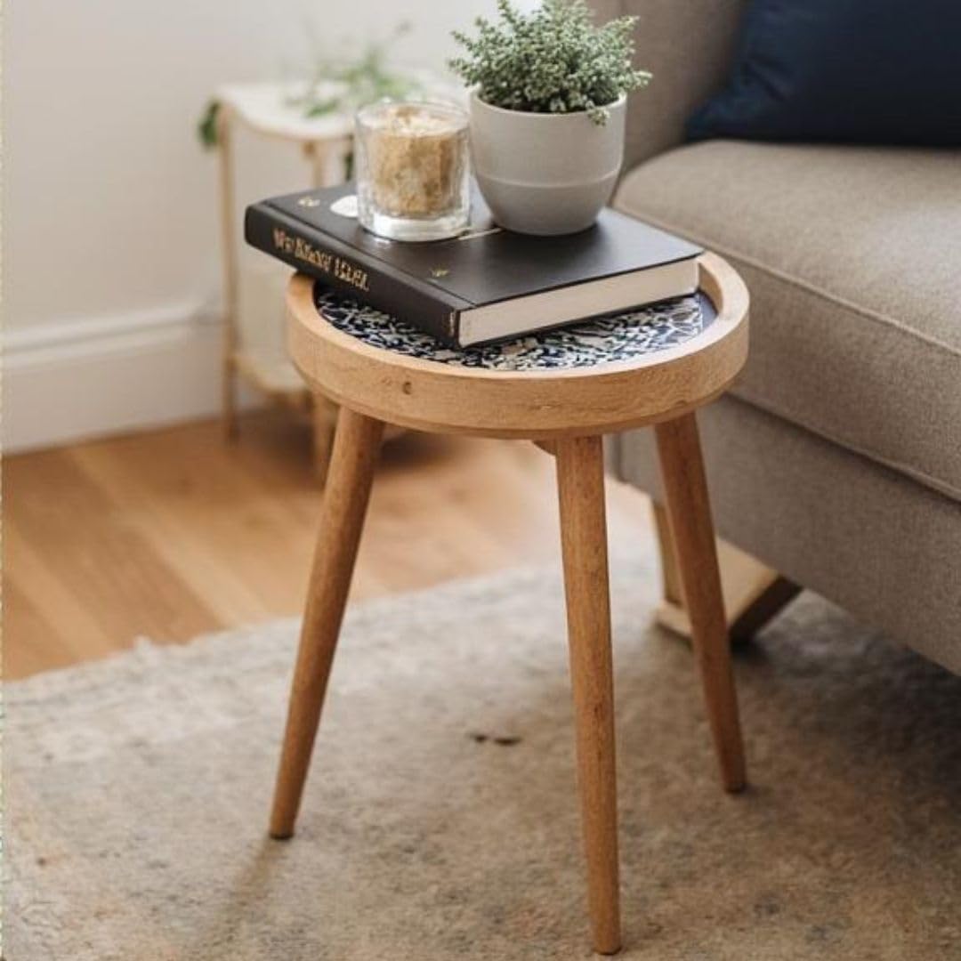 Handmade Mango Wood Side Table – Marrakesh Blue Design, Removable Legs, 35.5 cm Diameter