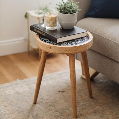 Handmade Mango Wood Side Table – Marrakesh Blue Design, Removable Legs, 35.5 cm Diameter