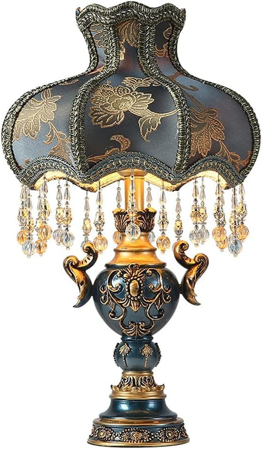 Victorian-Style Table Lamp – Pink Fabric Lampshade with Crystal Bead Trim & Antique Resin Base