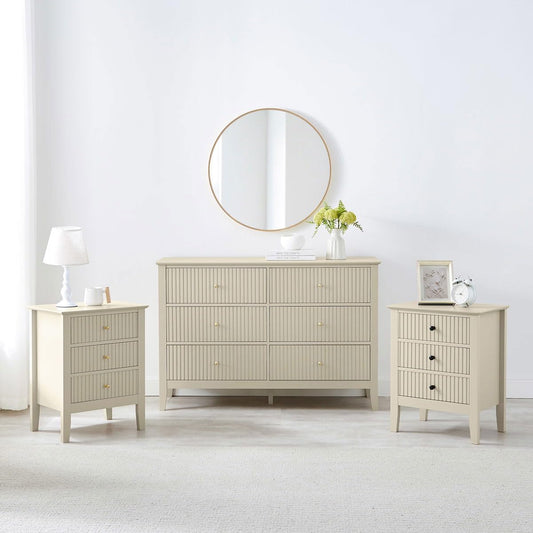 Melody Maison Hales Taupe Bedroom Set – Large Chest of Drawers with 2 Matching Bedside Tables