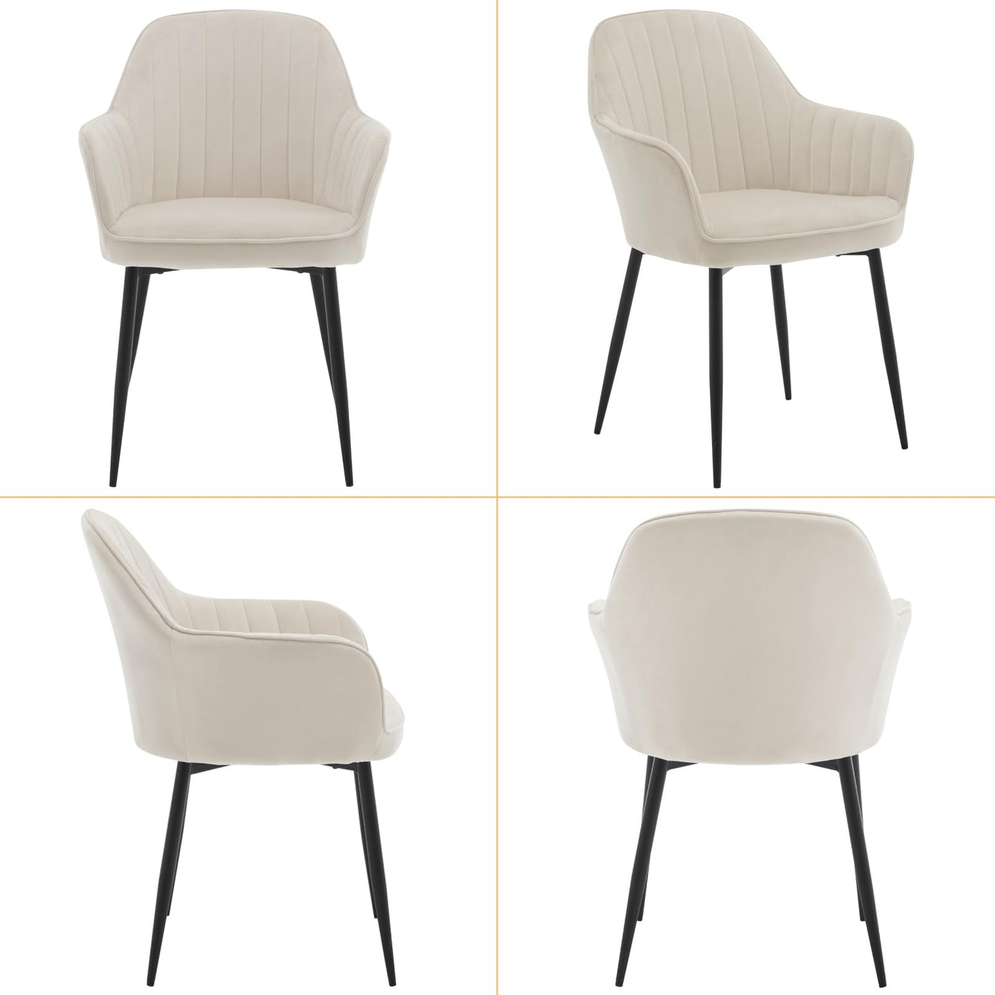 Set of 4 Cream Velvet Dining Chairs – Padded Seat with Backrest and Metal Legs for Dining Room or Living Space