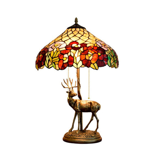 Tiffany-Style Table Lamp with Elk Resin Base – Handmade Stained Glass Shade, Pull Chain Switch