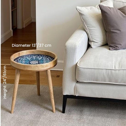 Handmade Mango Wood Side Table – Marrakesh Blue Design, Removable Legs, 35.5 cm Diameter