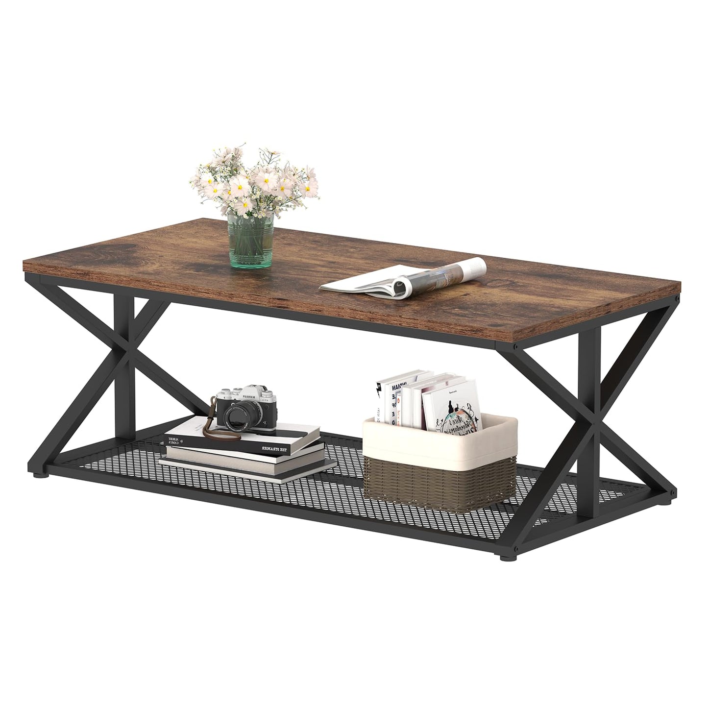 Rustic Brown Industrial Coffee Table – Wood and Metal Living Room Table with Mesh Shelf, 120 cm