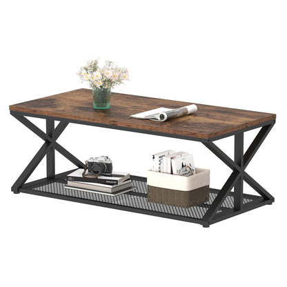 Rustic Brown Industrial Coffee Table – Wood and Metal Living Room Table with Mesh Shelf, 120 cm