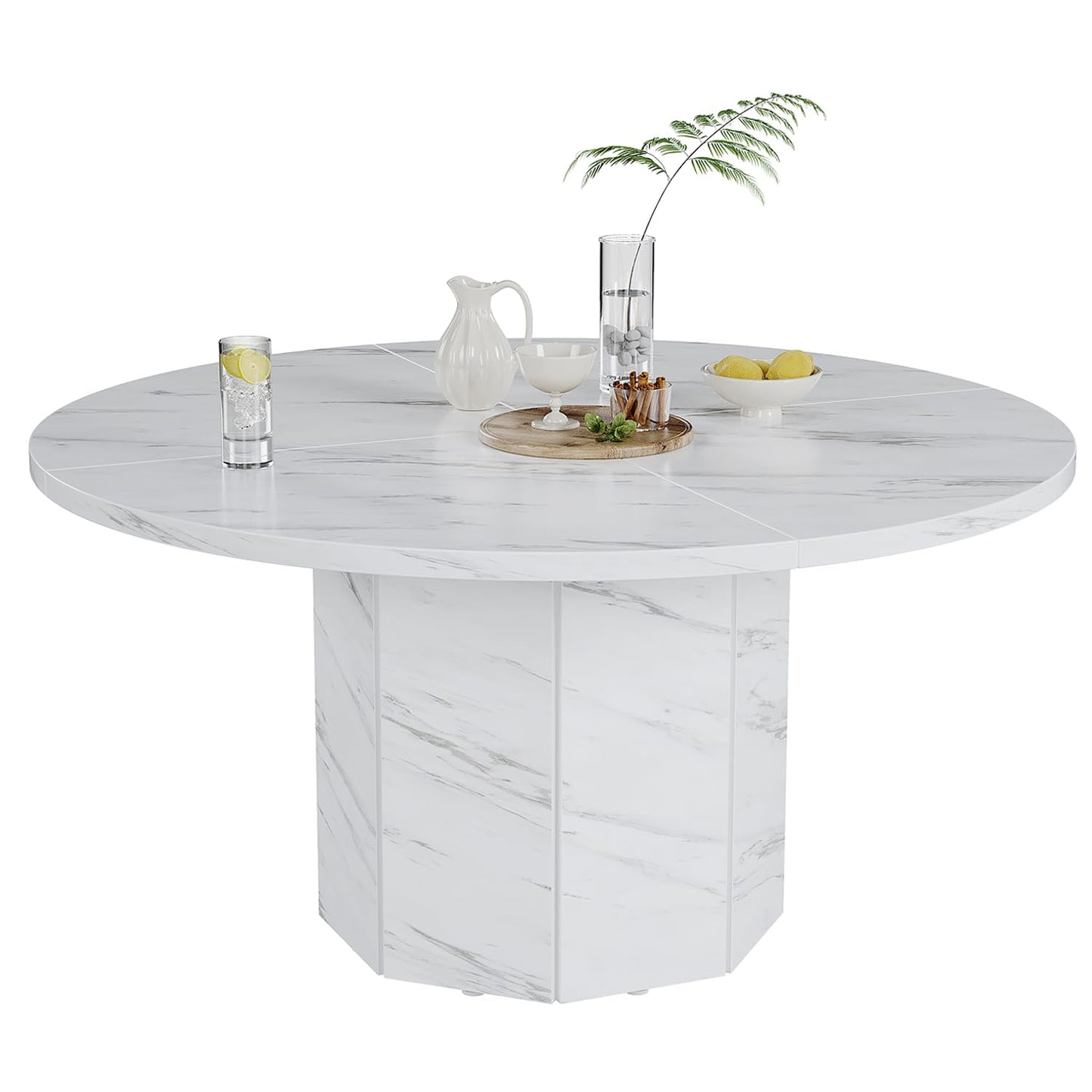Round 120cm White Marble Dining Table – Modern Faux Marble Kitchen Table for 4–6 People with Octagon Base