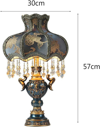 Victorian-Style Table Lamp – Pink Fabric Lampshade with Crystal Bead Trim & Antique Resin Base