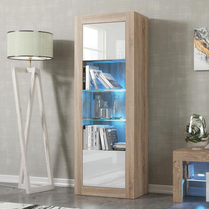Modern Oak and White Gloss Sideboard with LED Lighting – 170cm Display Cabinet with Glass Shelves