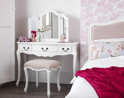 Juliette French-Style Dressing Table with 3 Drawers – White or Champagne Finish | Carved Detailing | Swan or Crystal Handles | 110cm W x 79cm H x 40cm D
