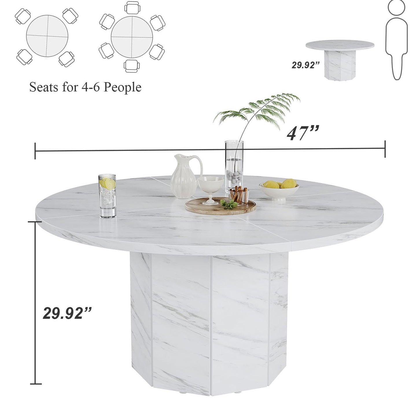 Round 120cm White Marble Dining Table – Modern Faux Marble Kitchen Table for 4–6 People with Octagon Base