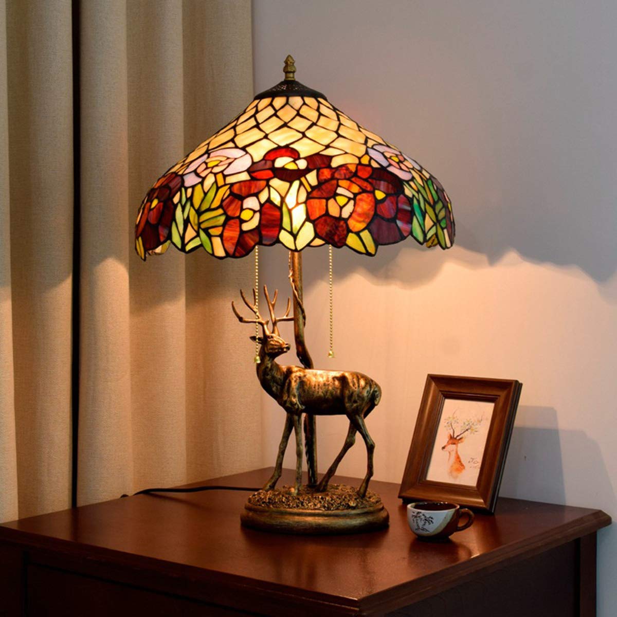 Tiffany-Style Table Lamp with Elk Resin Base – Handmade Stained Glass Shade, Pull Chain Switch