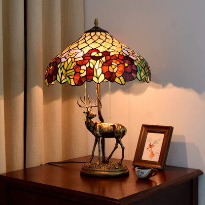 Tiffany-Style Table Lamp with Elk Resin Base – Handmade Stained Glass Shade, Pull Chain Switch