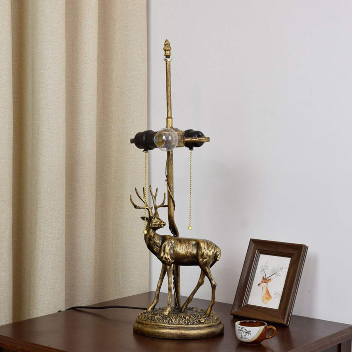 Tiffany-Style Table Lamp with Elk Resin Base – Handmade Stained Glass Shade, Pull Chain Switch