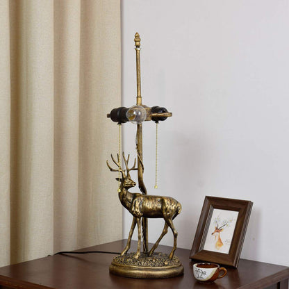 Tiffany-Style Table Lamp with Elk Resin Base – Handmade Stained Glass Shade, Pull Chain Switch