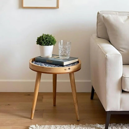 Handmade Mango Wood Side Table – Marrakesh Blue Design, Removable Legs, 35.5 cm Diameter