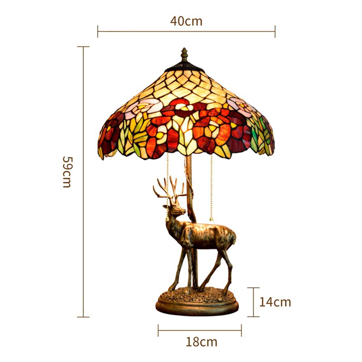 Tiffany-Style Table Lamp with Elk Resin Base – Handmade Stained Glass Shade, Pull Chain Switch