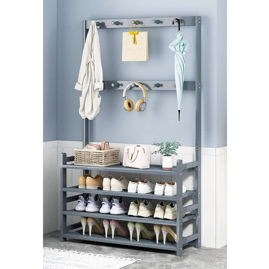 3-in-1 Wooden Coat Rack with Shoe Bench and Storage Shelves – Freestanding Entryway Organizer (Grey)