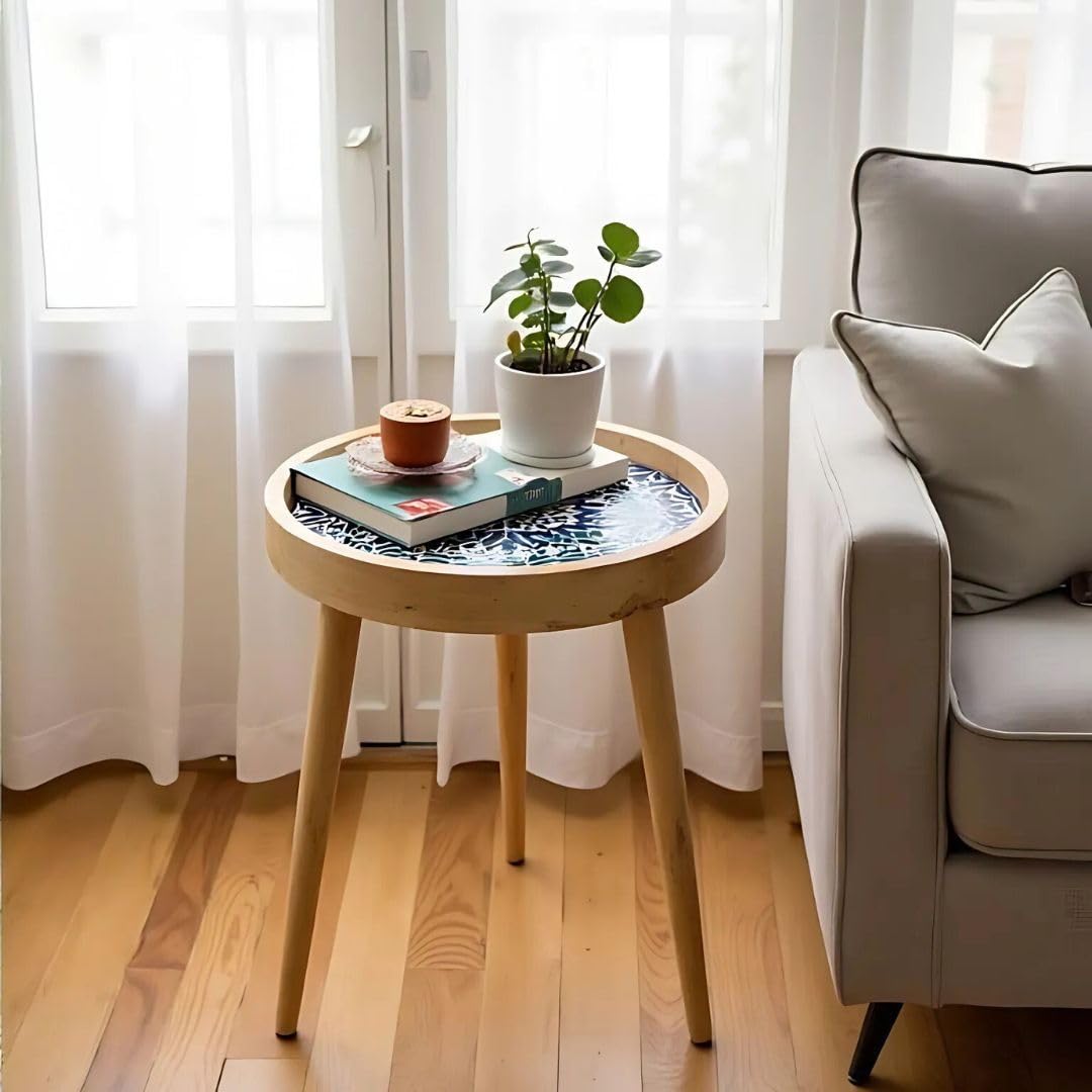 Handmade Mango Wood Side Table – Marrakesh Blue Design, Removable Legs, 35.5 cm Diameter