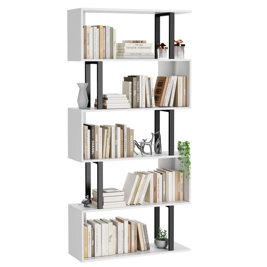 Gadroad 5-Tier S-Shaped Bookshelf – Modern Freestanding Storage & Display Unit, White Wood Bookcase for Living Room or Bedroom
