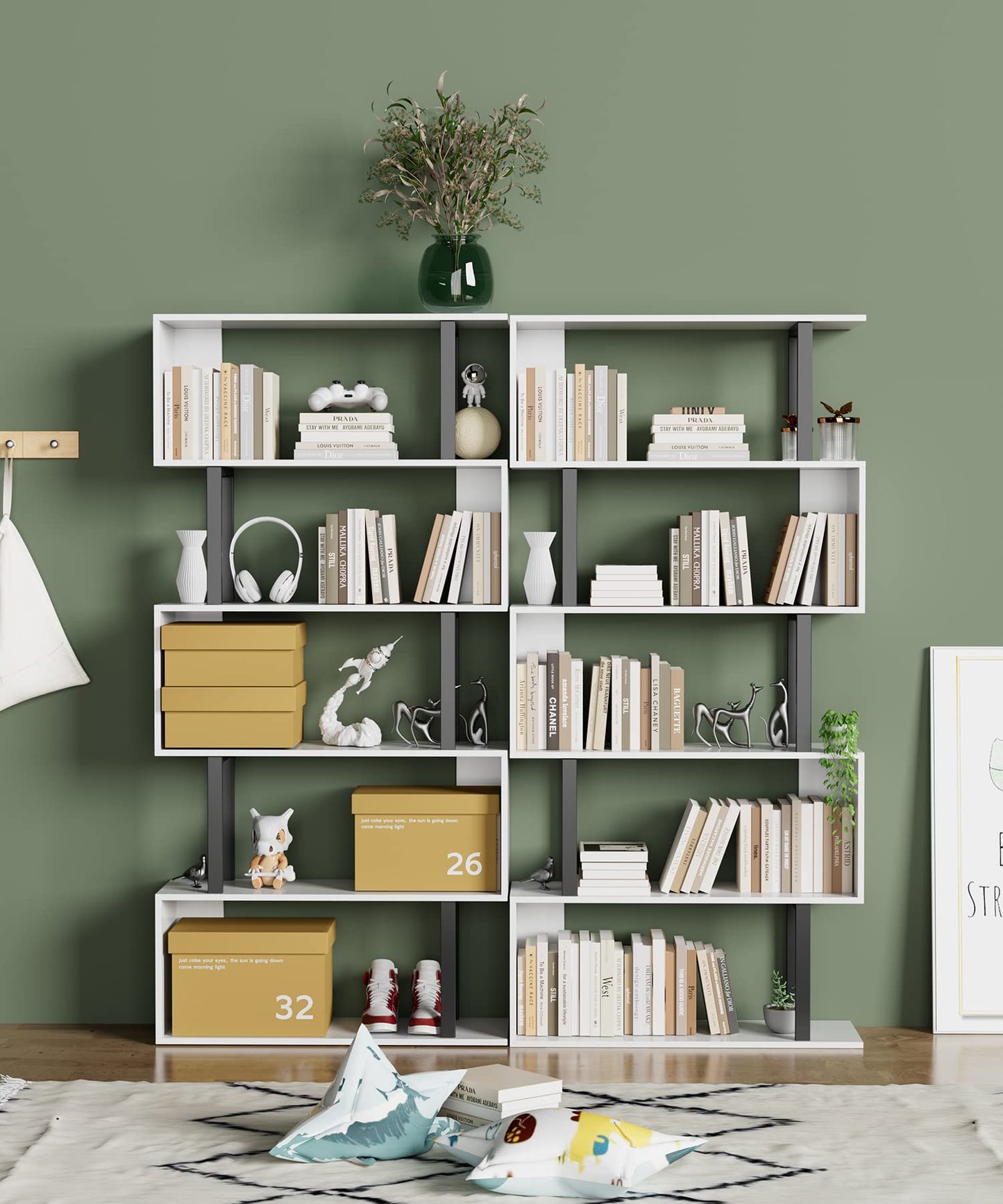 Gadroad 5-Tier S-Shaped Bookshelf – Modern Freestanding Storage & Display Unit, White Wood Bookcase for Living Room or Bedroom