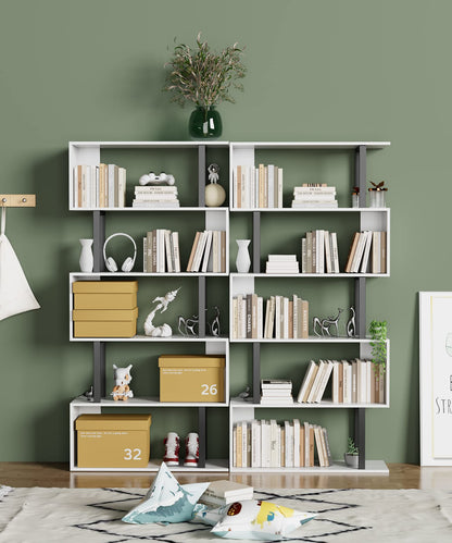 Gadroad 5-Tier S-Shaped Bookshelf – Modern Freestanding Storage & Display Unit, White Wood Bookcase for Living Room or Bedroom