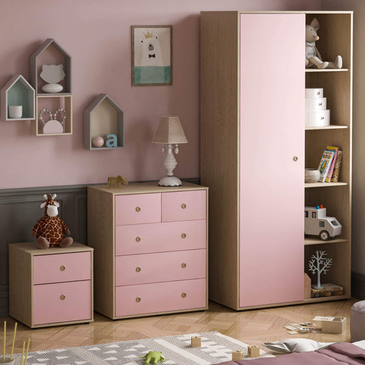 Junior Vida Neptune 3-Piece Bedroom Furniture Set – Pink & Oak Bedside Table, 5-Drawer Chest, and 1-Door Wardrobe
