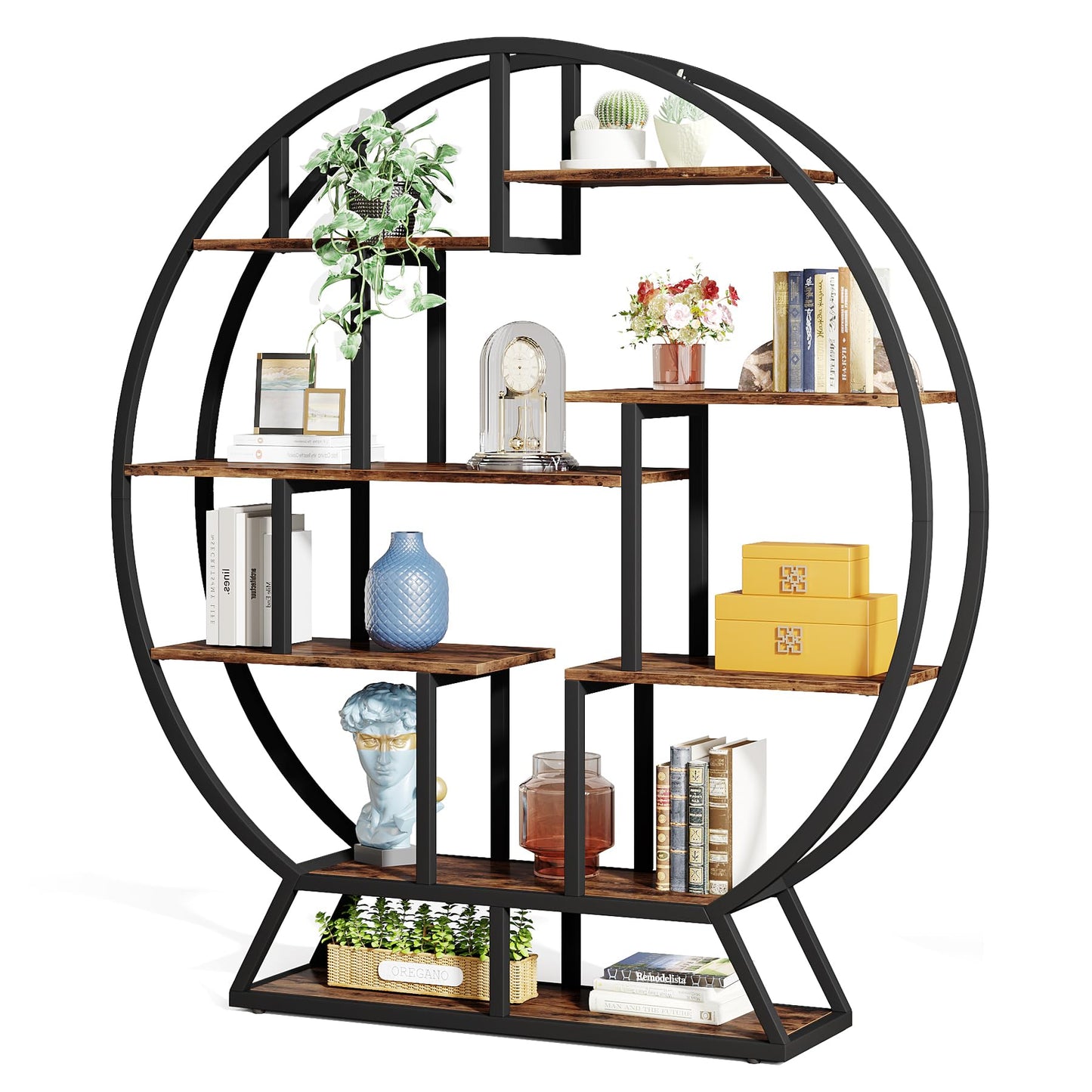 Tribesigns Industrial 5-Tier Round Bookcase – 160 cm Tall Rustic Brown Open Shelf Organizer for Home & Office
