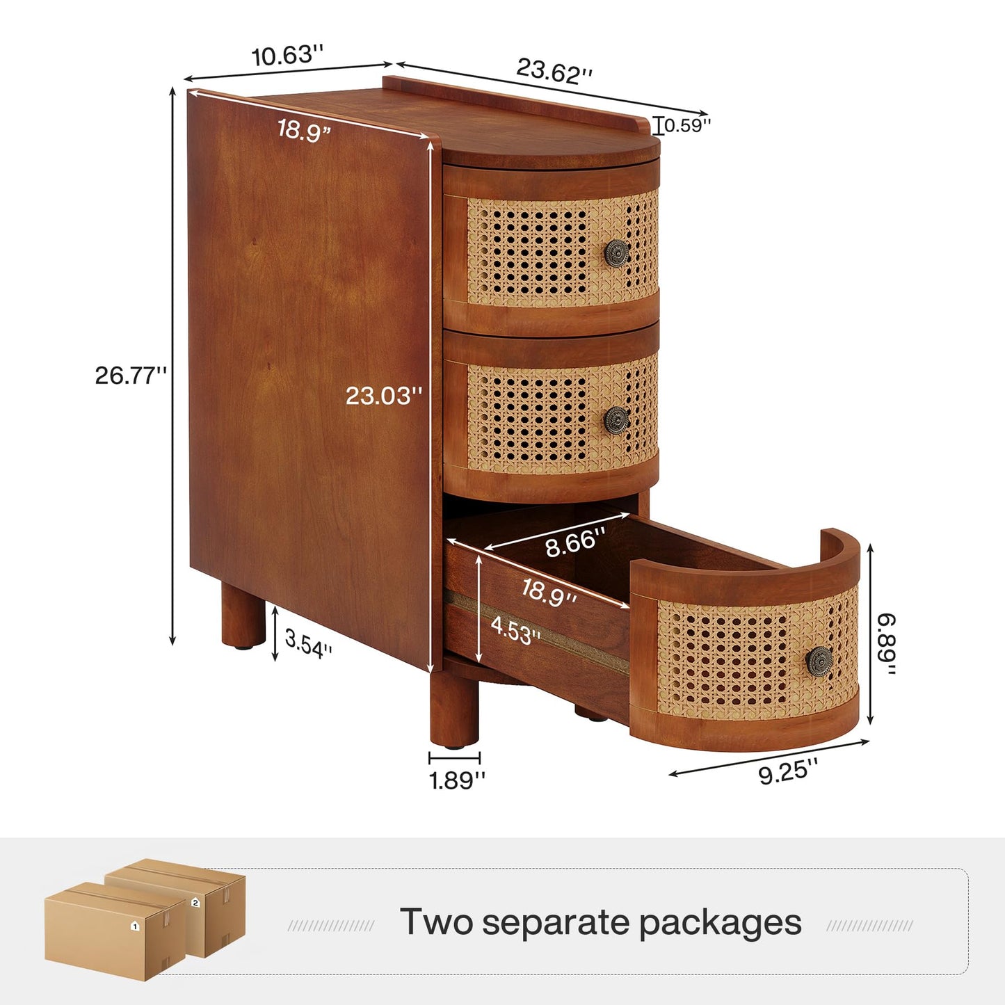 Tribesigns Set of 2 Solid Wood End Tables with 3 Rattan Drawers – Walnut & Oak Finish, No Assembly Needed